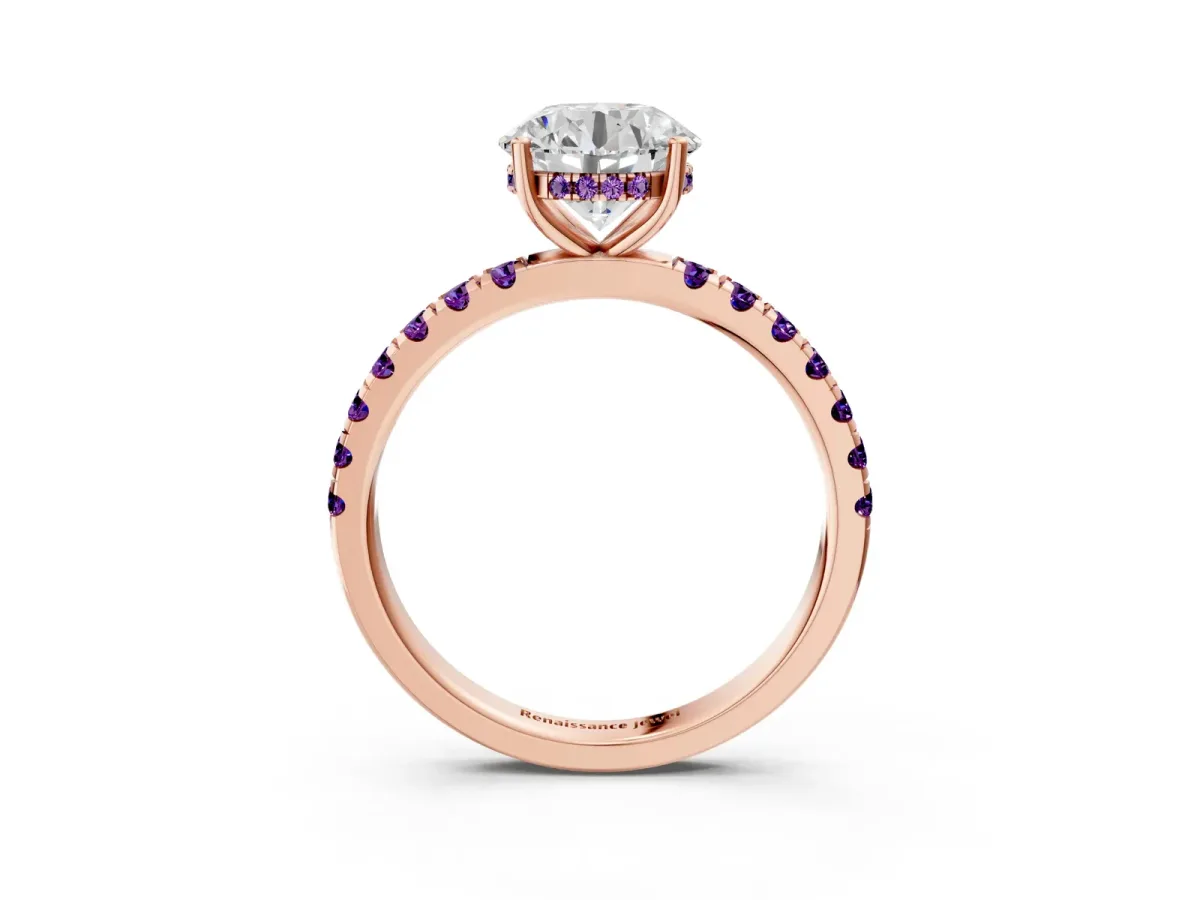Round Cut Diamond Pave Band Solitaire Ring with Round Amethyst and Prong Setting Rose gold