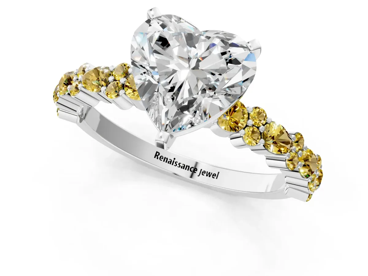 Heart Cut Diamond Side Stone Solitaire Ring with Round Yellow Sapphire and Four-Prong Setting Platinum