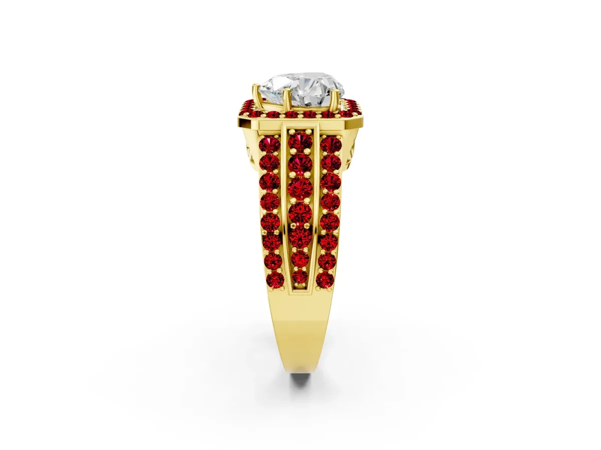 Heart Cut Halo Diamond Ring with Round Ruby Split Shank and Prong Setting Yellow gold