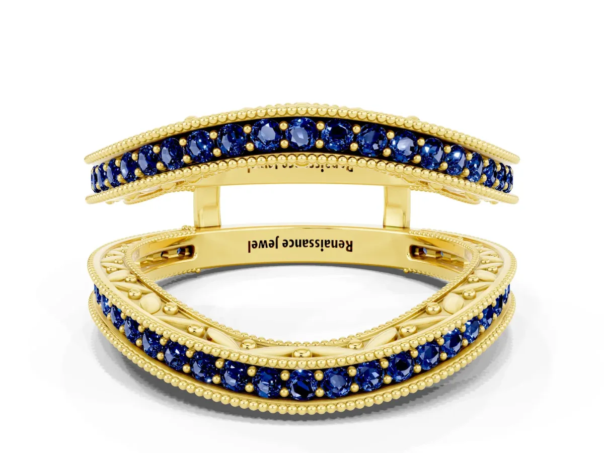 Round Blue Sapphire Milgrain Eternity Band with Channel Setting Yellow gold