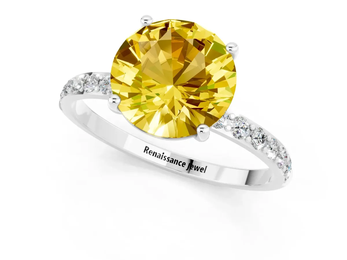 Round Cut Yellow Sapphire Solitaire Ring with Round Pavé Band and Prong Setting Platinum