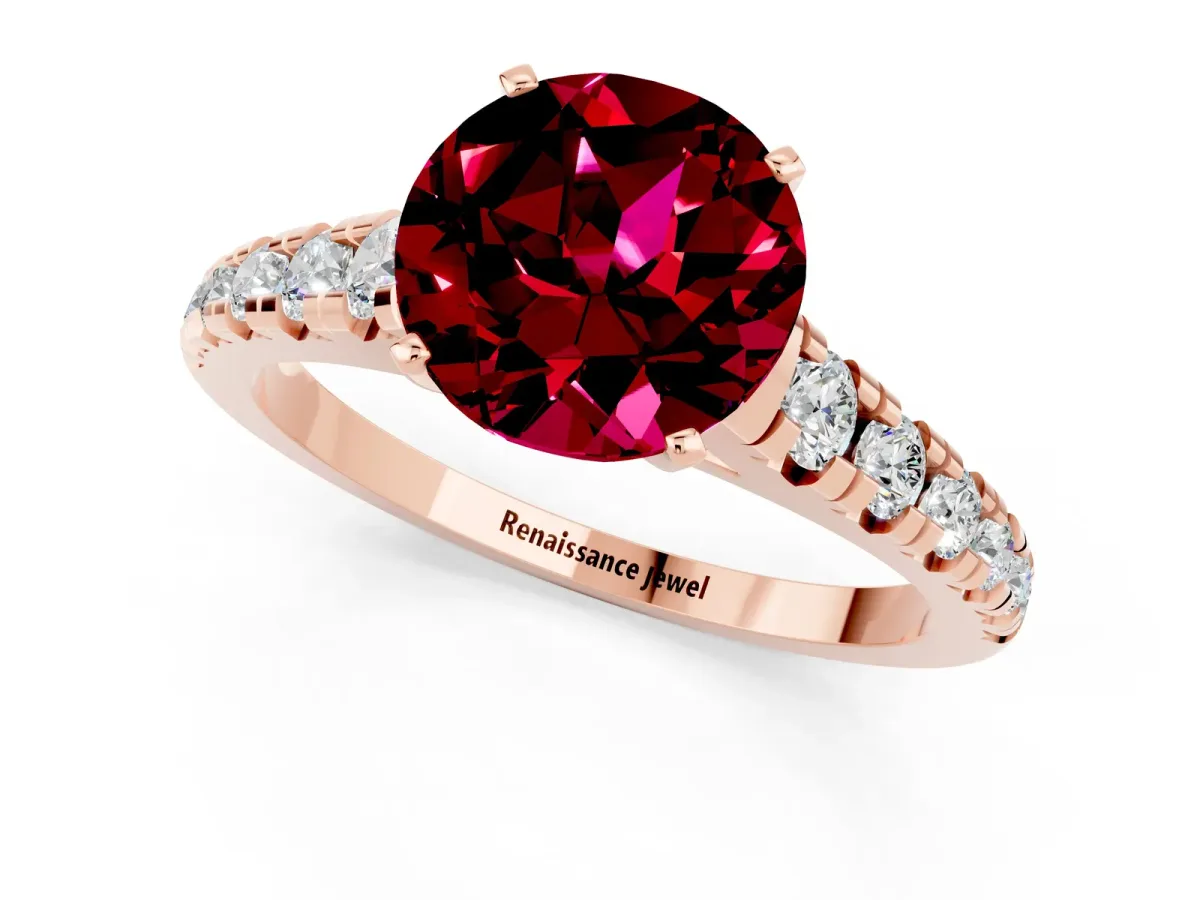 Round Cut Garnet Cathedral Solitaire Ring with Round Pavé Band Rose gold
