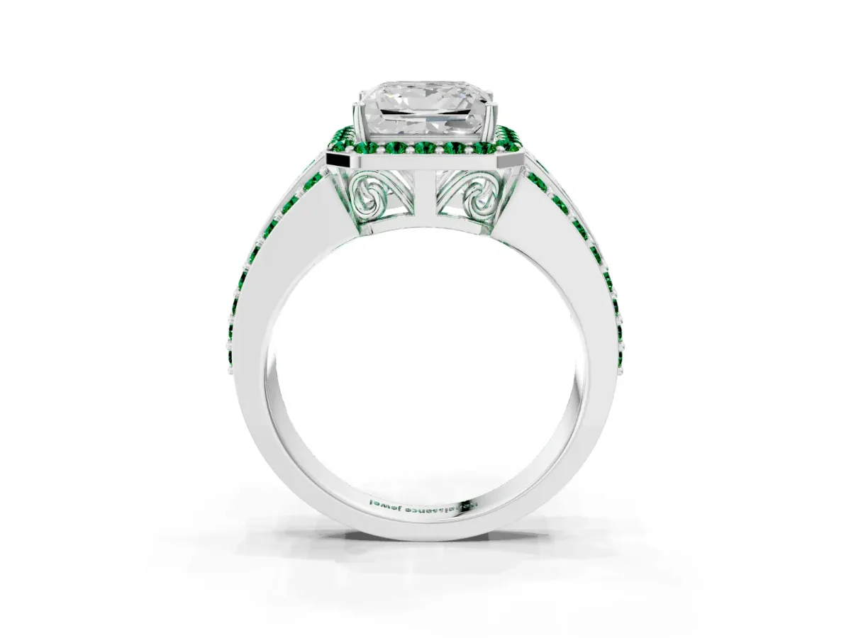 Princess Cut Halo Diamond Ring with Round Emerald Split Shank and Prong Setting White gold