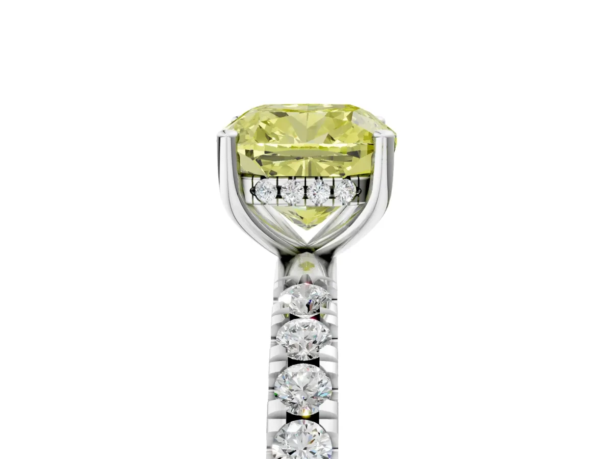 Fancy Yellow Cushion Cut Diamond Pave Band Solitaire Ring with Round and Prong Setting Platinum