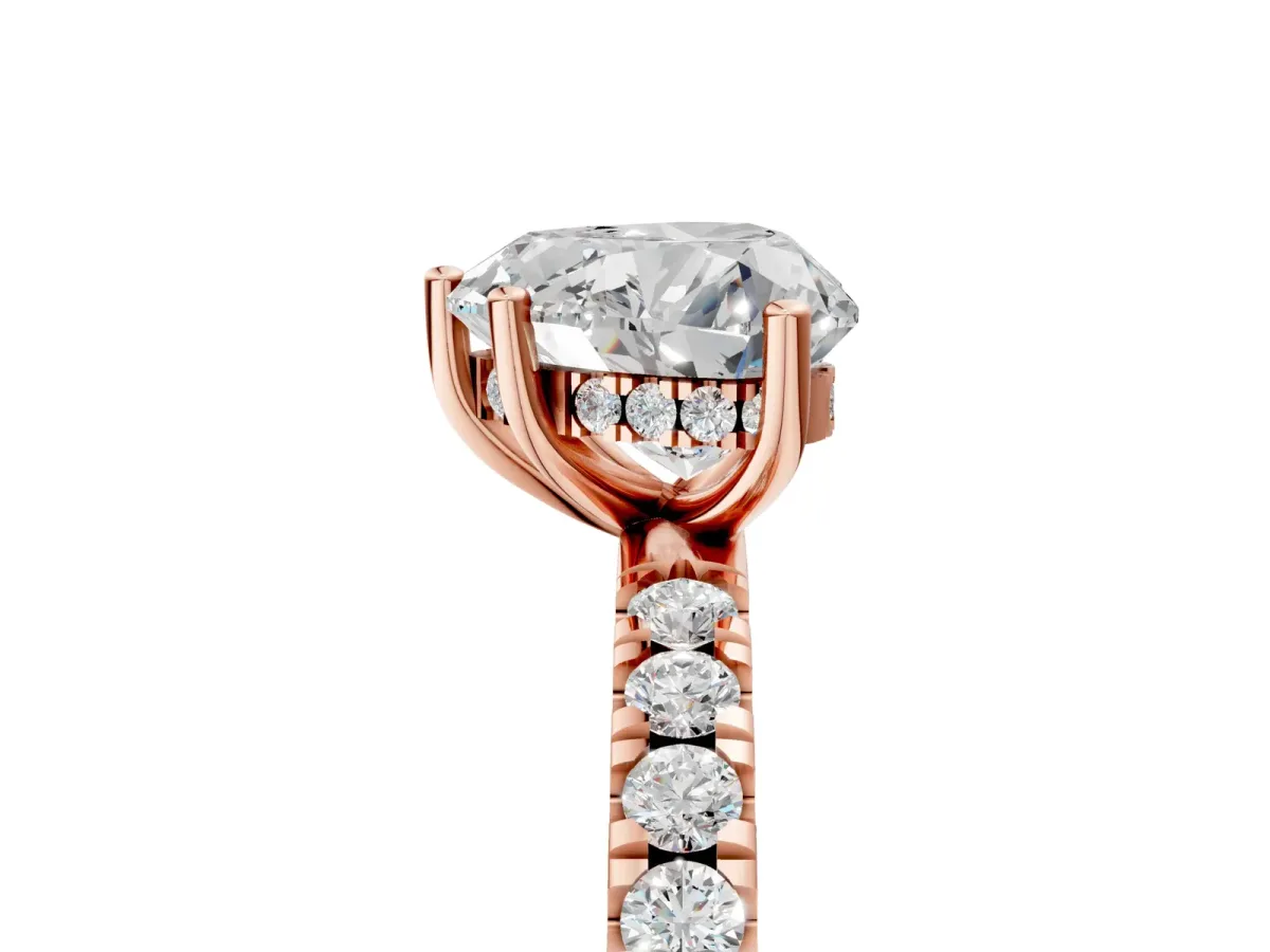 Heart Cut Diamond Pave Band Solitaire Ring with Round Moissanite and Prong Setting Rose gold