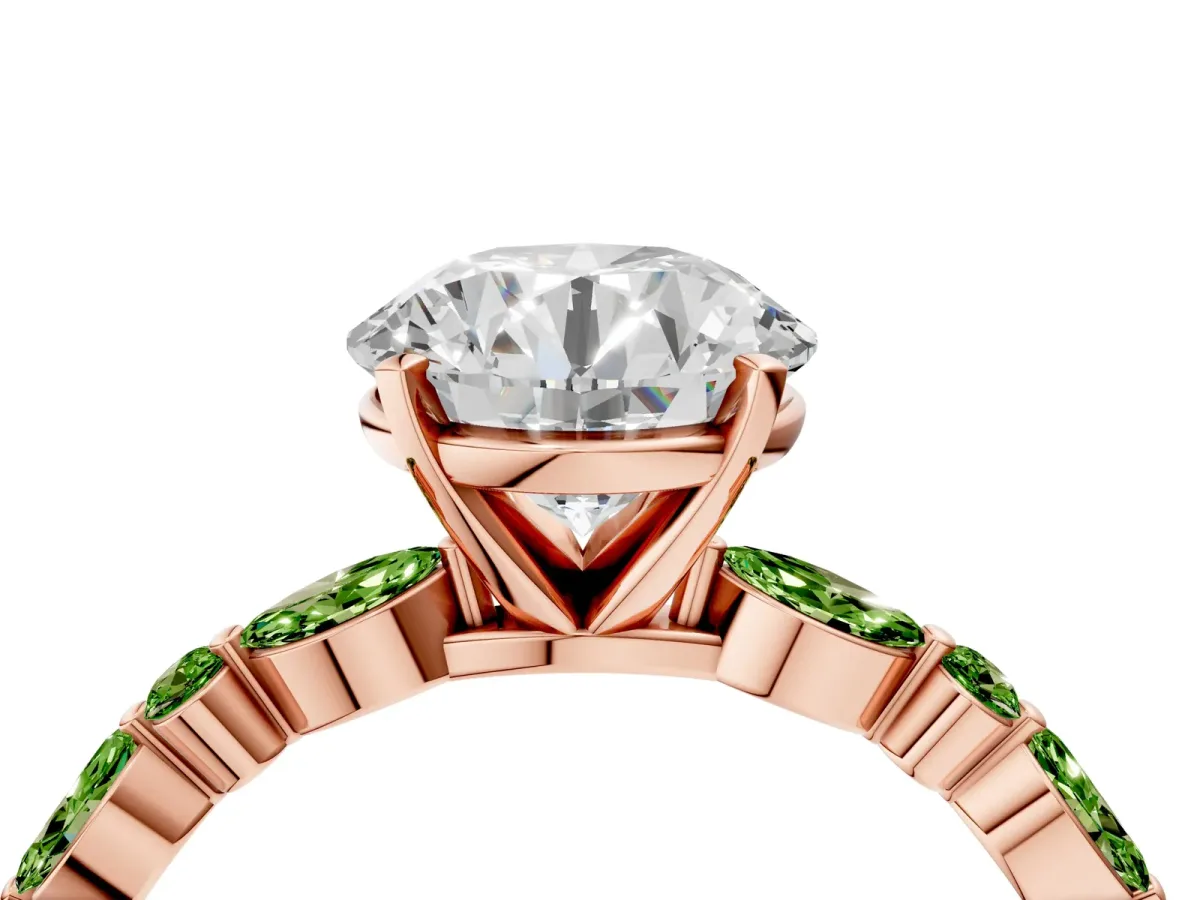 Round Cut Diamond Ring with Marquise and Round Peridot Side Stones and Four-Prong Setting Rose gold