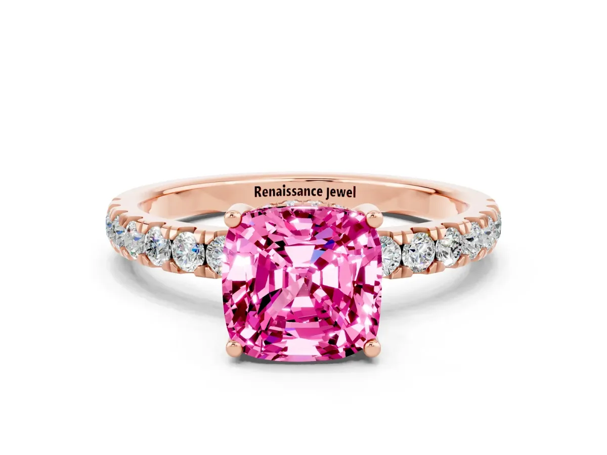 Cushion Cut Pink Sapphire Pave Band Solitaire Ring with Round and Prong Setting Rose gold