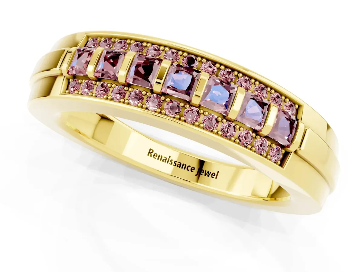 Bar-Set Princess Cut Morganite Pavé Band Yellow gold