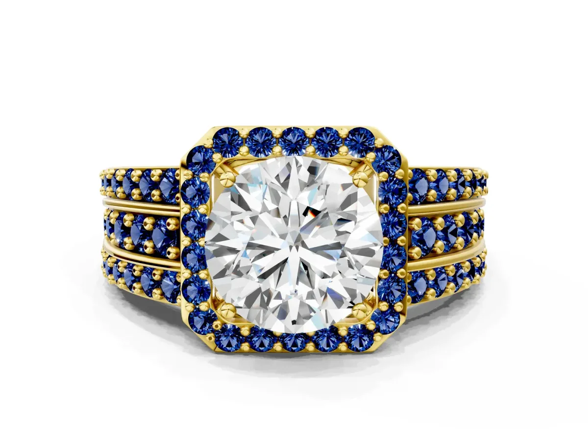 Round Cut Halo Diamond Ring with Round Blue Sapphire Split Shank and Prong Setting Yellow gold
