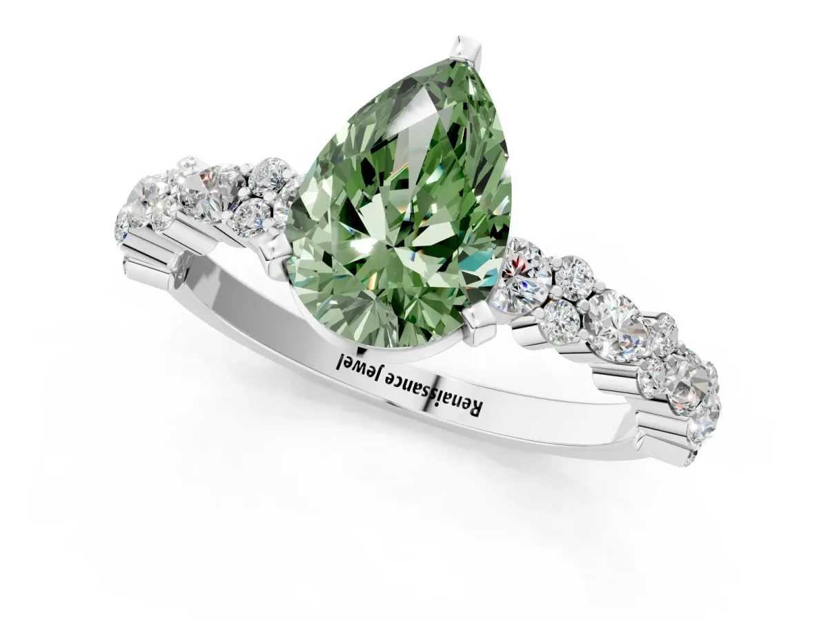 Fancy Green Pear Cut Diamond Side Stone Solitaire Ring with Round and Four-Prong Setting Platinum