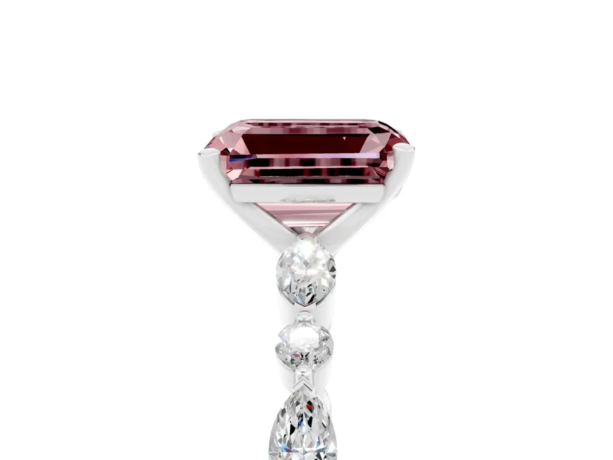 Emerald Cut Morganite Ring with Marquise and Round Side Stones and Four-Prong Setting Platinum