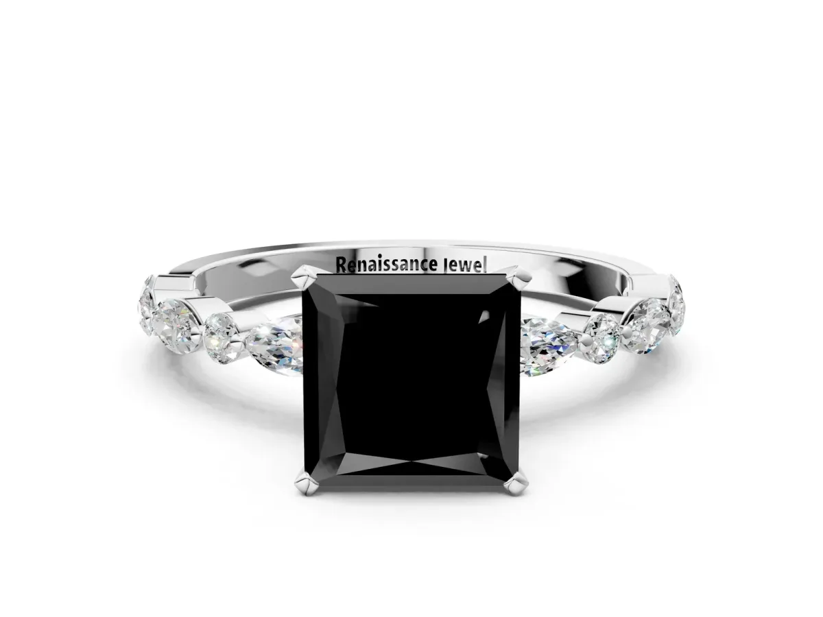 Fancy Black Princess Cut Diamond Ring with Marquise and Round Side Stones and Four-Prong Setting Silver
