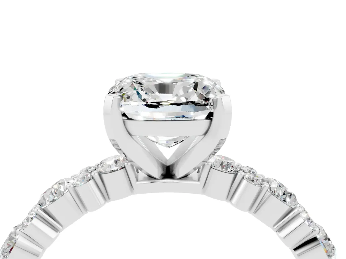 Cushion Cut Moissanite Side Stone Solitaire Ring with Round and Four-Prong Setting White gold