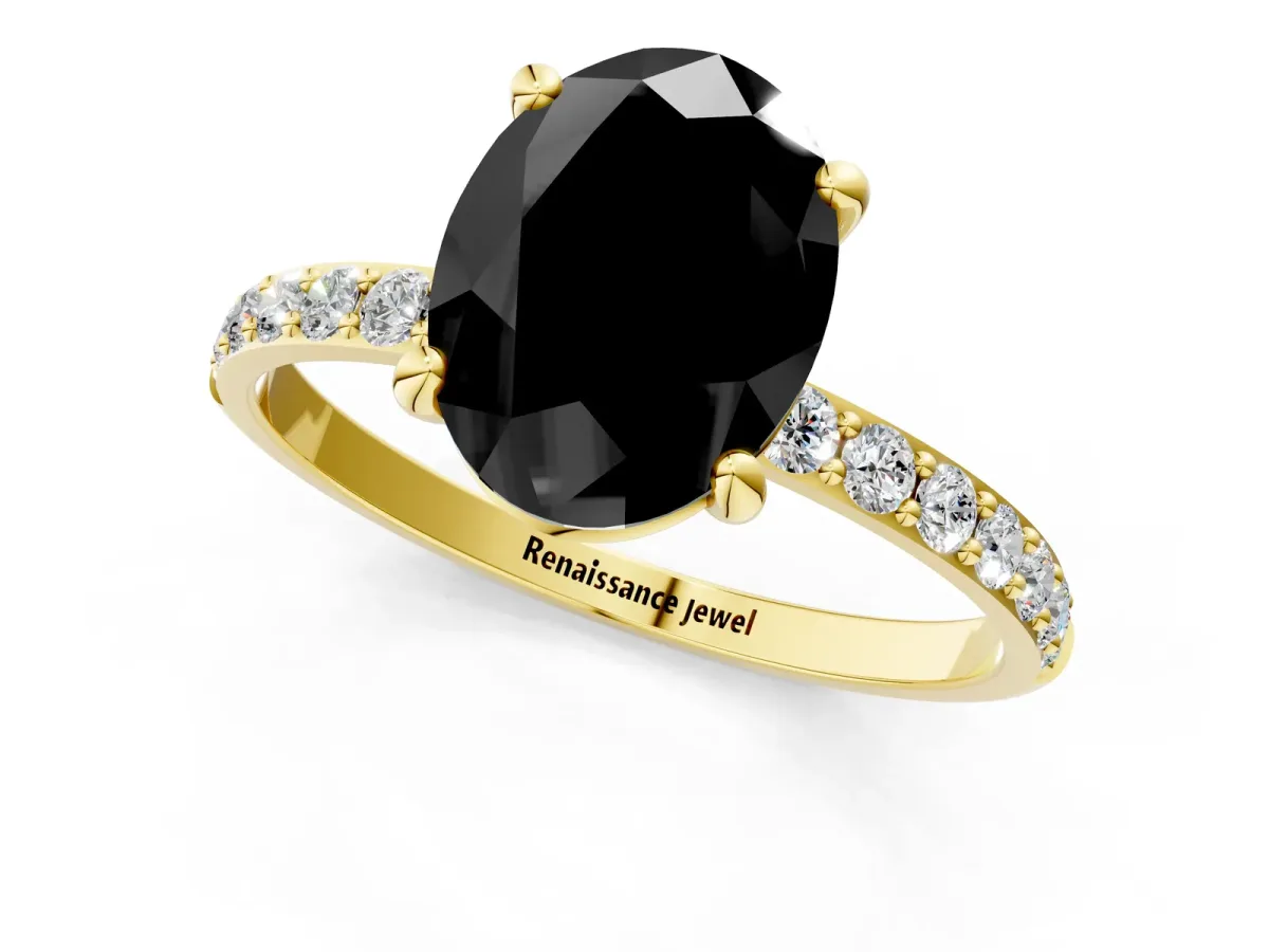 Fancy Black Oval Cut Diamond Solitaire Ring with Round Pavé Band and Prong Setting Yellow gold