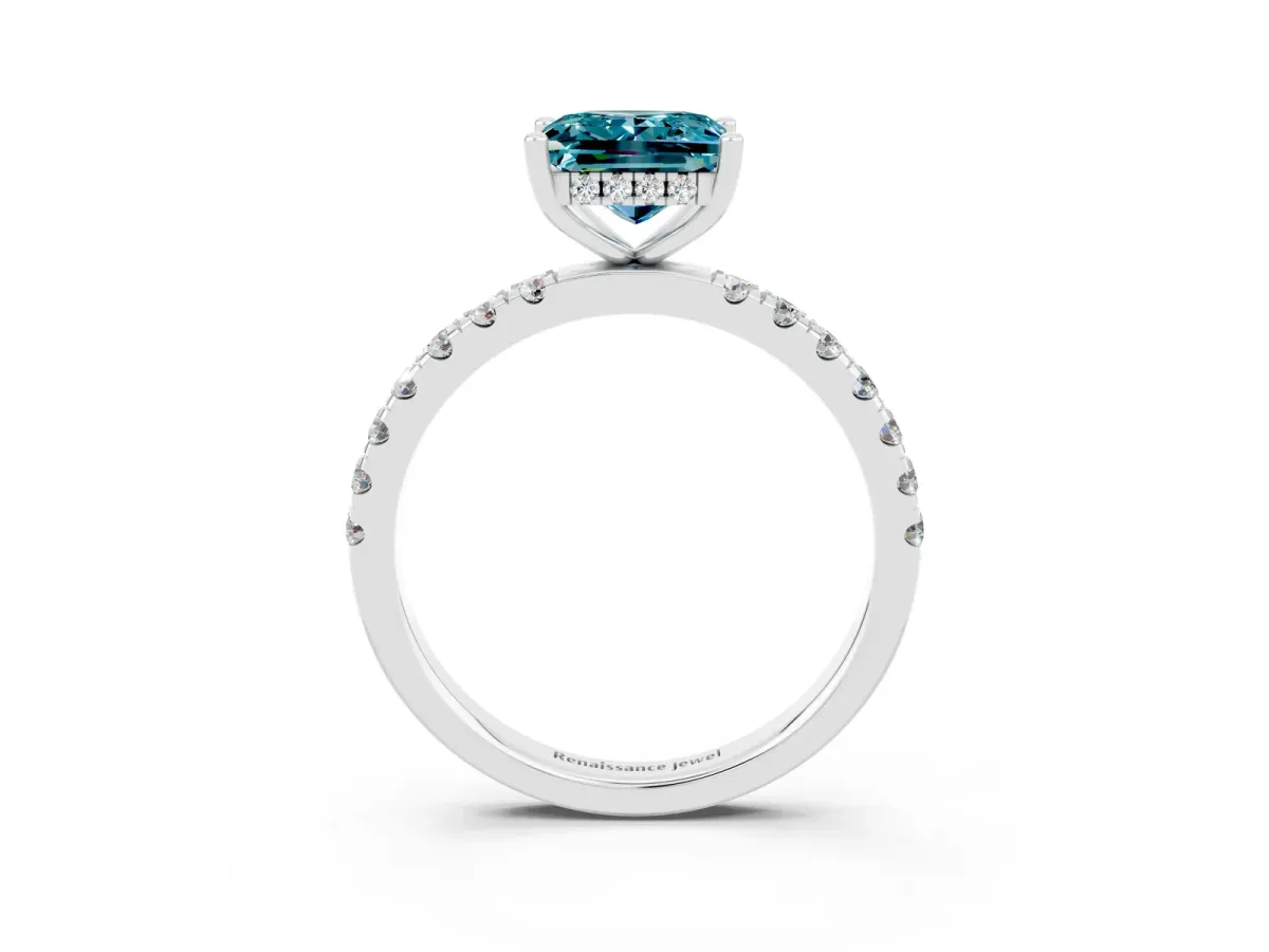 Princess Cut Blue Topaz Pave Band Solitaire Ring with Round and Prong Setting Platinum