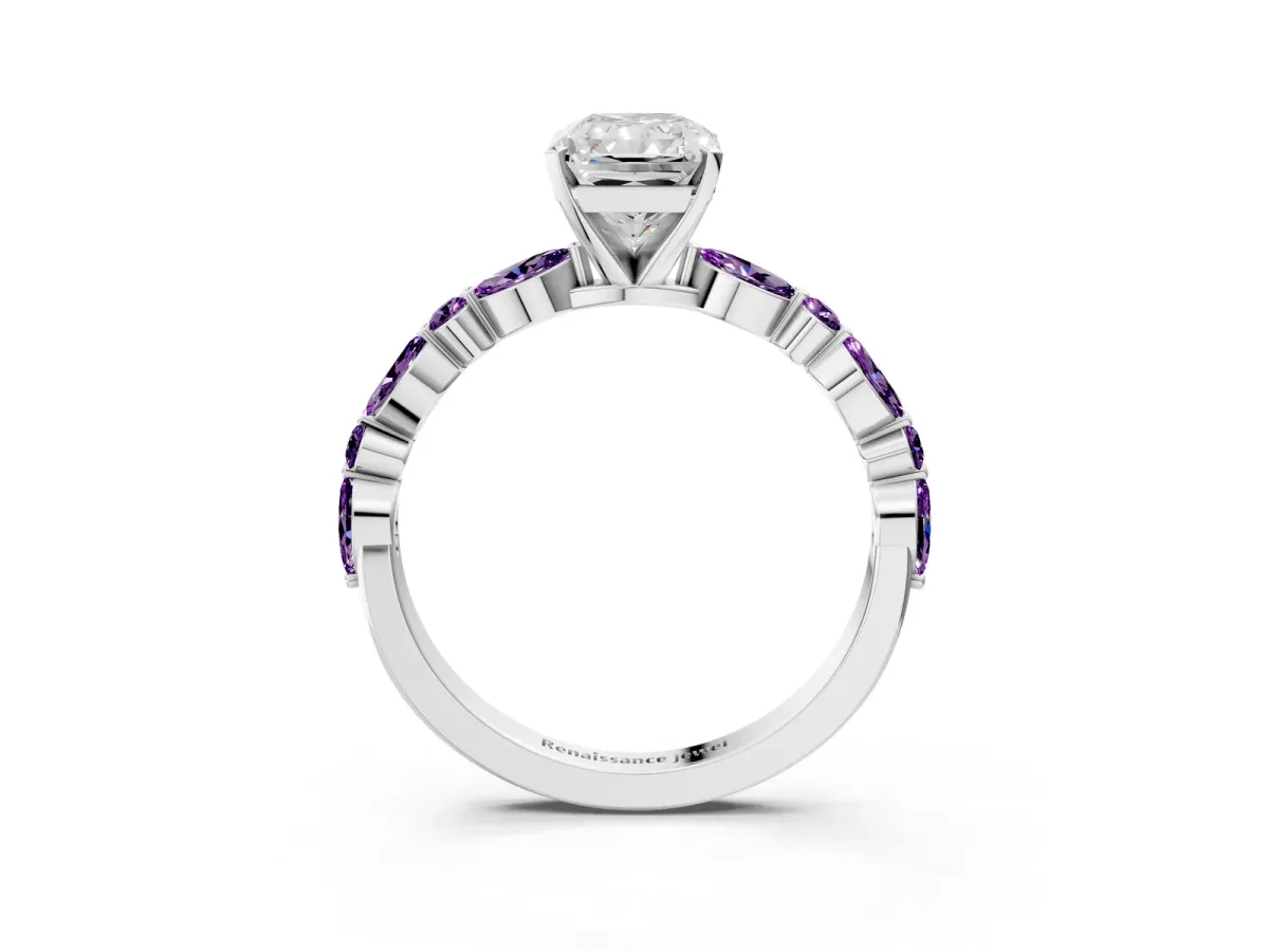 Radiant Cut Diamond Ring with Marquise and Round Amethyst Side Stones and Four-Prong Setting Silver