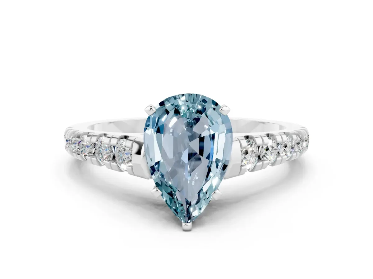 Pear Cut Aquamarine Cathedral Solitaire Ring with Round Pavé Band Silver