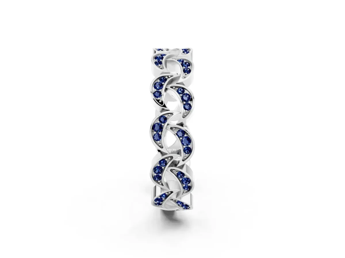 Pavé Round Blue Sapphire Interlocking Eternity Band with Bezel Prong Setting White gold