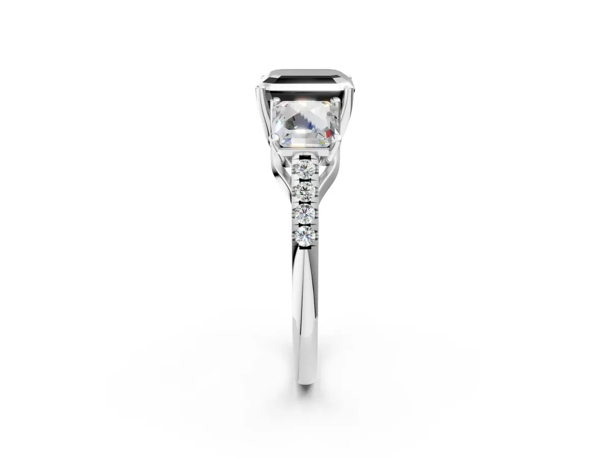 Fancy Black Three-Stone Asscher Cut Diamond Ring with Round Pavé Band and Prong Setting White gold