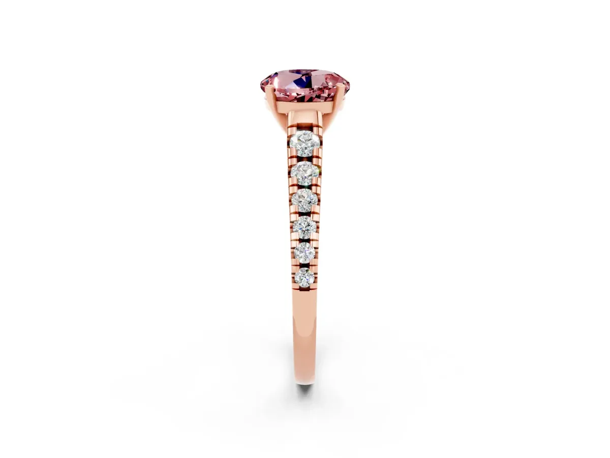Round Cut Morganite Cathedral Solitaire Ring with Round Pavé Band Rose gold