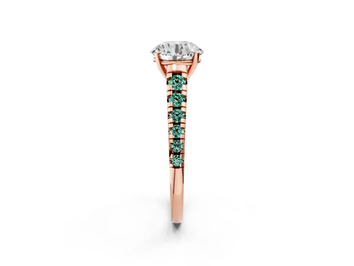 Round Cut Diamond Cathedral Solitaire Ring with Round Green Sapphire Pavé Band Rose gold