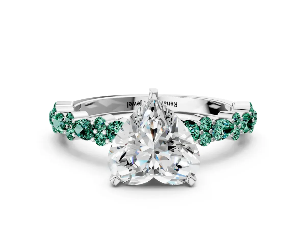 Heart Cut Diamond Side Stone Solitaire Ring with Round Green Sapphire and Four-Prong Setting Platinum