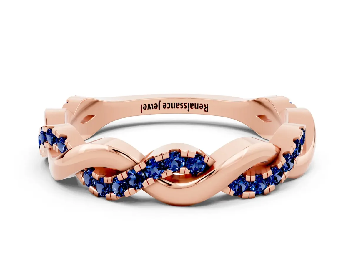Pavé Round Blue Sapphire Twist Eternity Band with Shared Prong Setting Rose gold