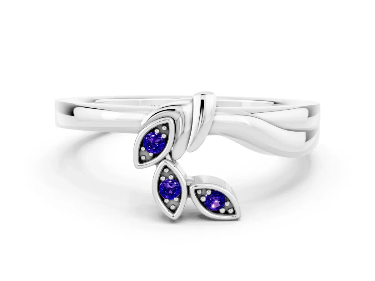 Three-Stone Round Tanzanite Leaf Bypass Ring with Bezel Setting White gold