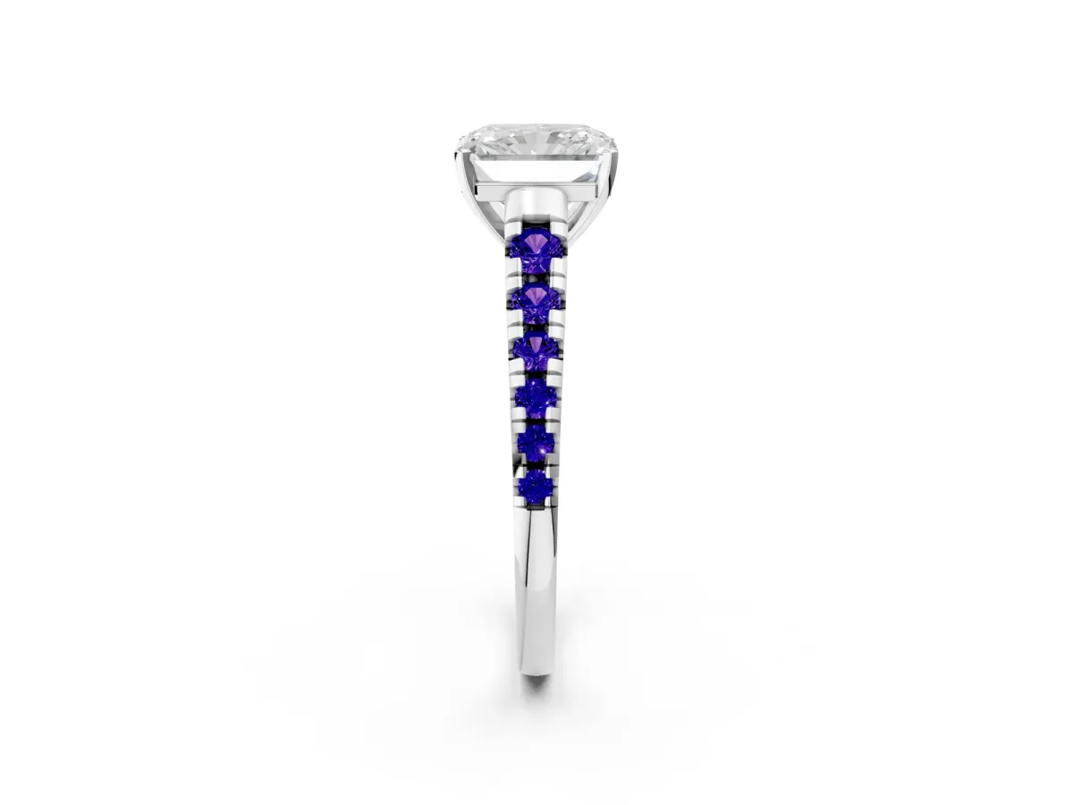 Radiant Cut Diamond Cathedral Solitaire Ring with Round Tanzanite Pavé Band Silver