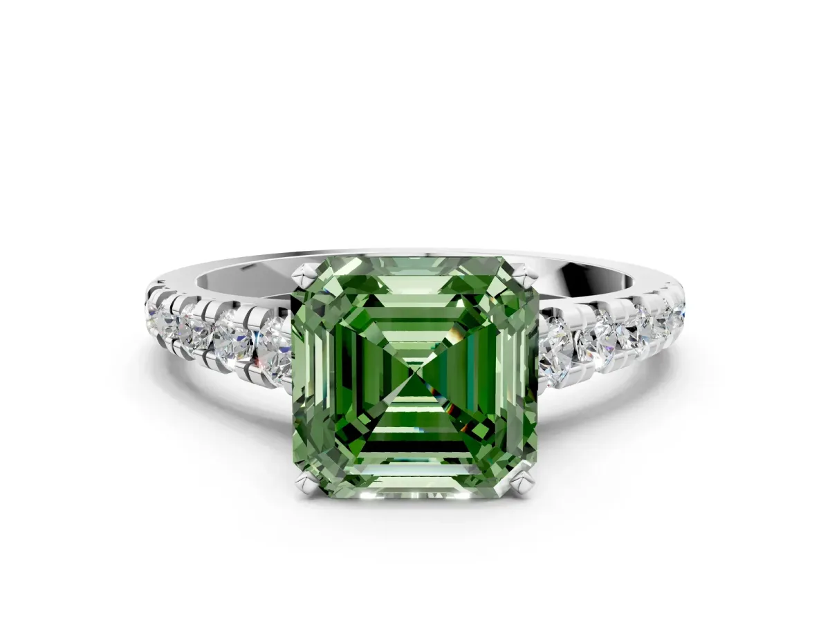 Fancy Green Asscher Cut Diamond Cathedral Solitaire Ring with Round Pavé Band Platinum