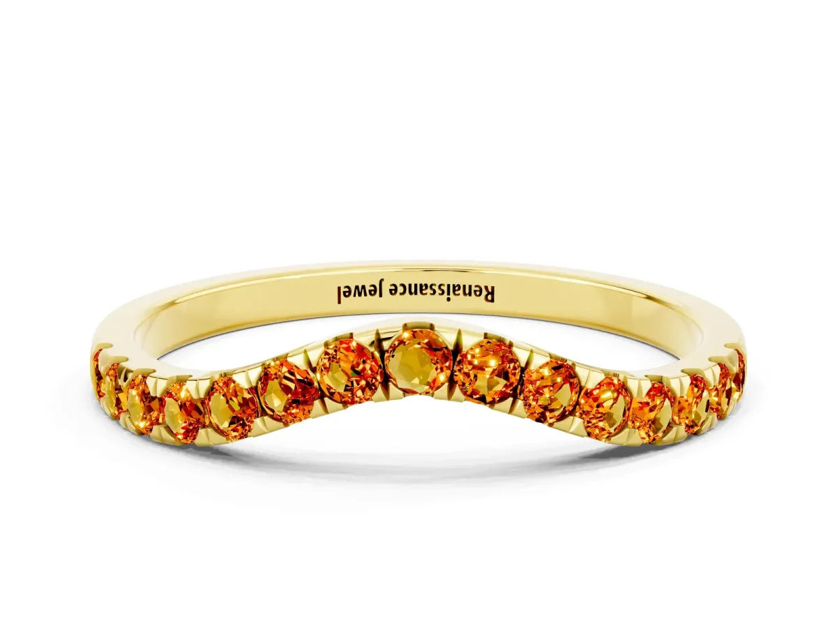 Curved Pavé Round Citrine Wedding Band with Shared Prong Setting Yellow gold