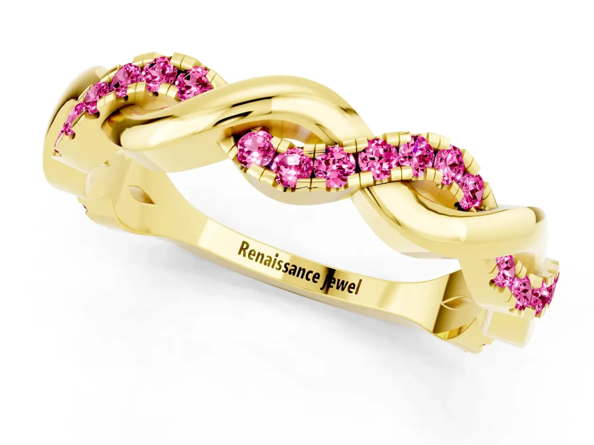 Pavé Round Pink Sapphire Twist Eternity Band with Shared Prong Setting Yellow gold