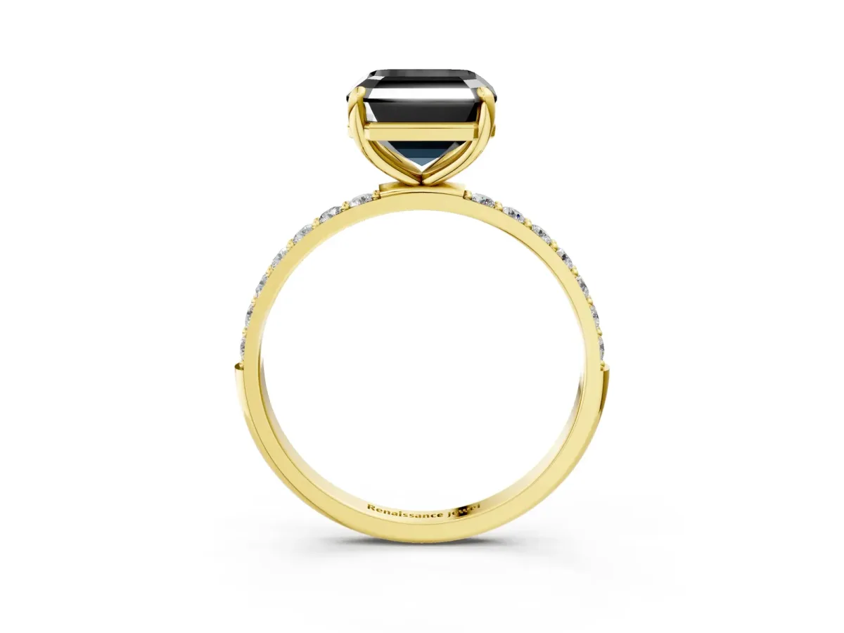 Fancy Black Asscher Cut Diamond Solitaire Ring with Round Pavé Band and Prong Setting Yellow gold