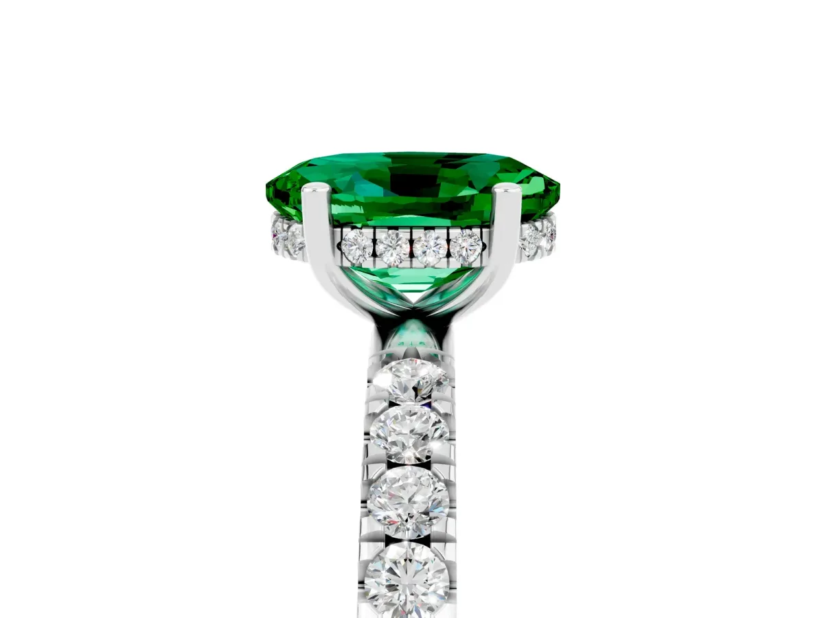 Oval Cut Emerald Pave Band Solitaire Ring with Round and Prong Setting Silver