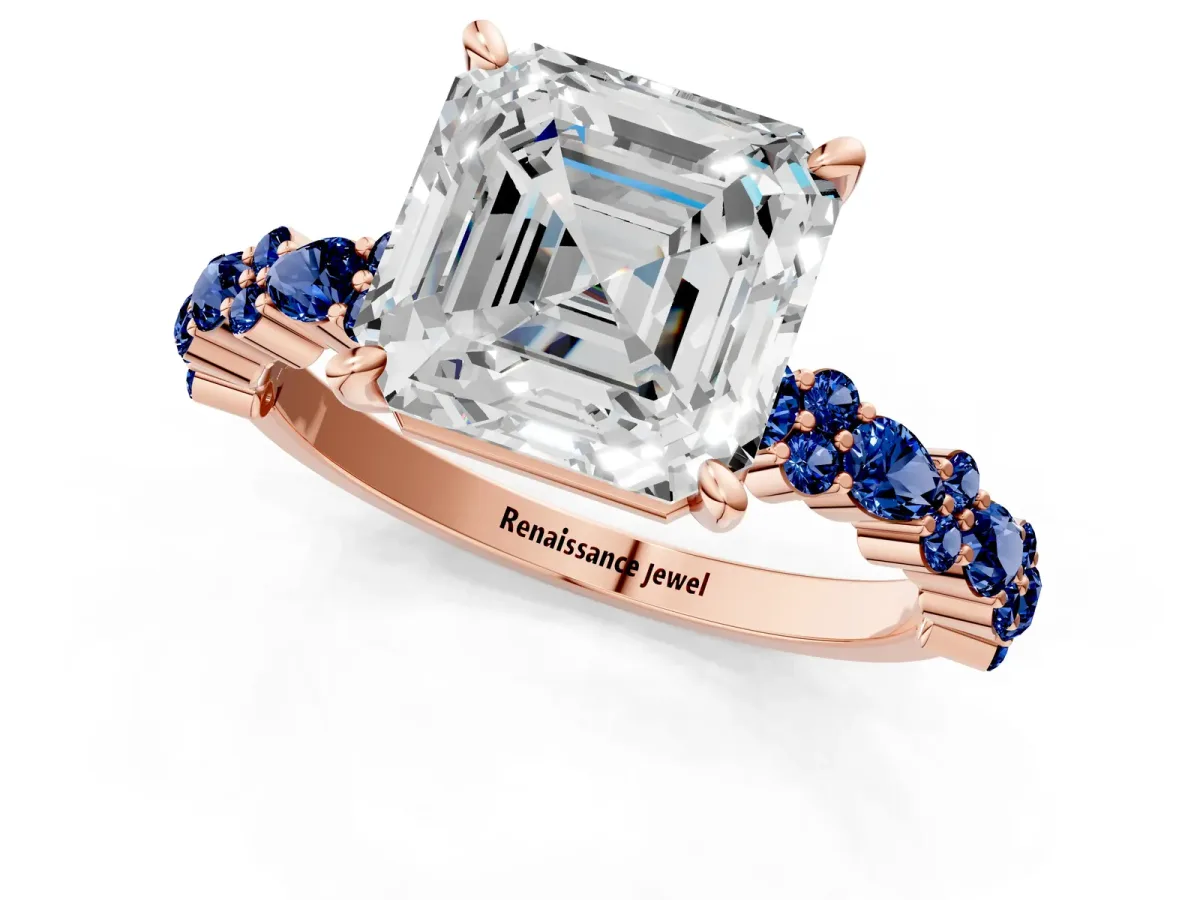 Asscher Cut Diamond Side Stone Solitaire Ring with Round Blue Sapphire and Four-Prong Setting Rose gold