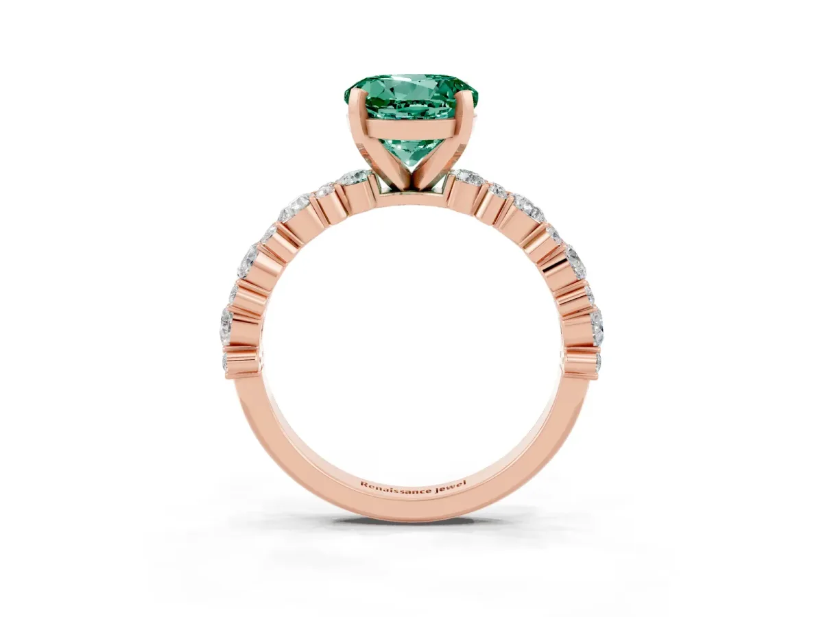 Round Cut Green Sapphire Side Stone Solitaire Ring with Round and Four-Prong Setting Rose gold