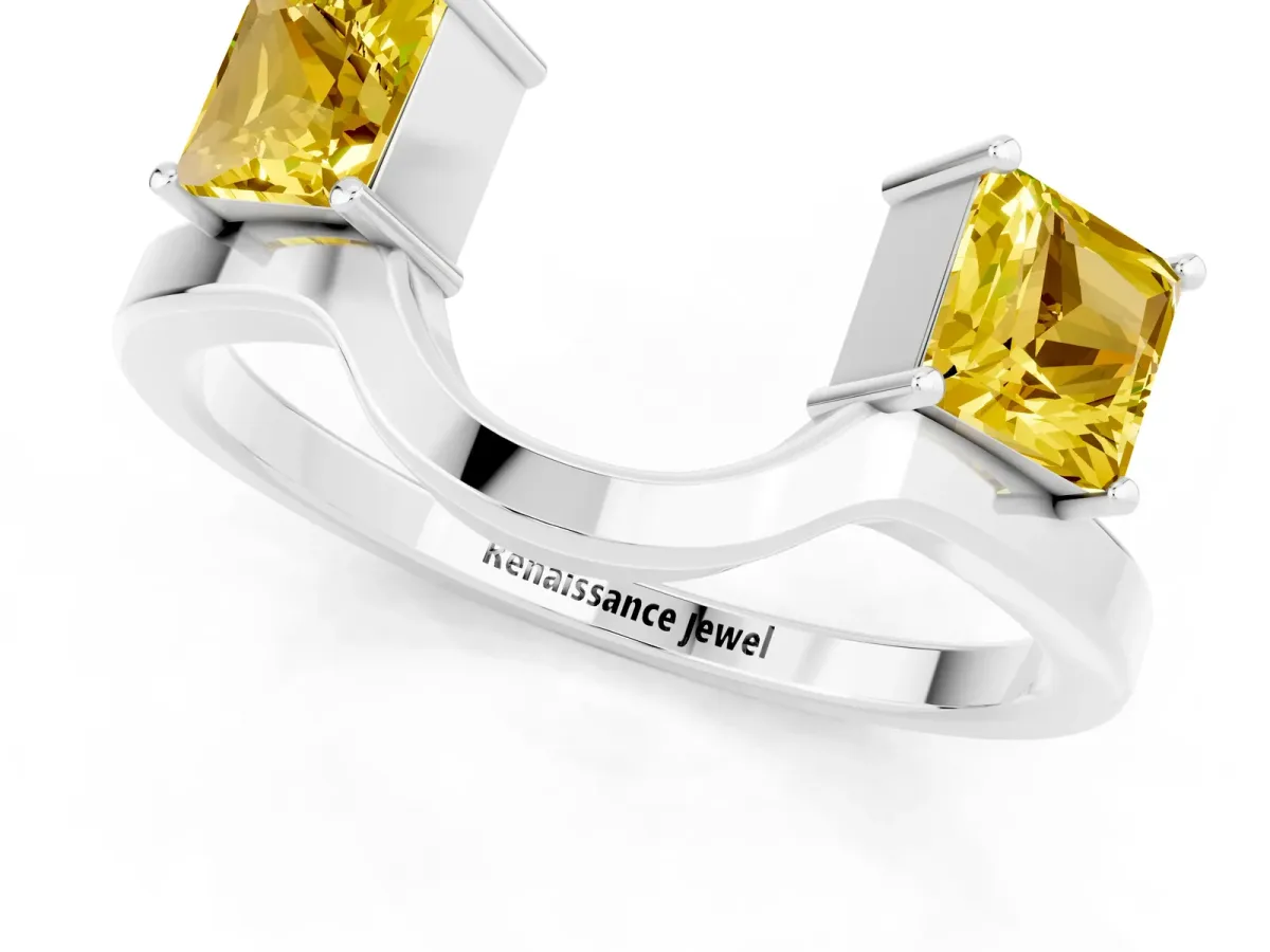 Princess Cut Yellow Sapphire Two-Stone Open Band Ring with Four-Prong Setting Platinum