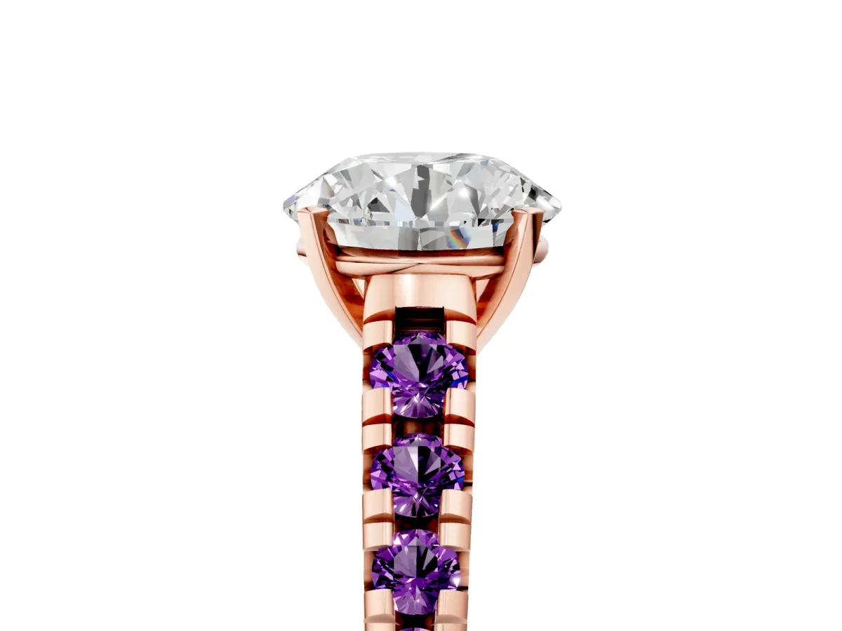 Round Cut Diamond Cathedral Solitaire Ring with Round Amethyst Pavé Band Rose gold