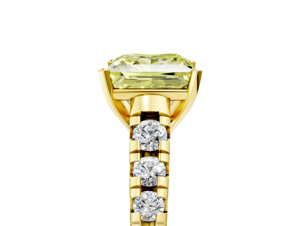 Fancy Yellow Princess Cut Diamond Cathedral Solitaire Ring with Round Pavé Band Yellow gold