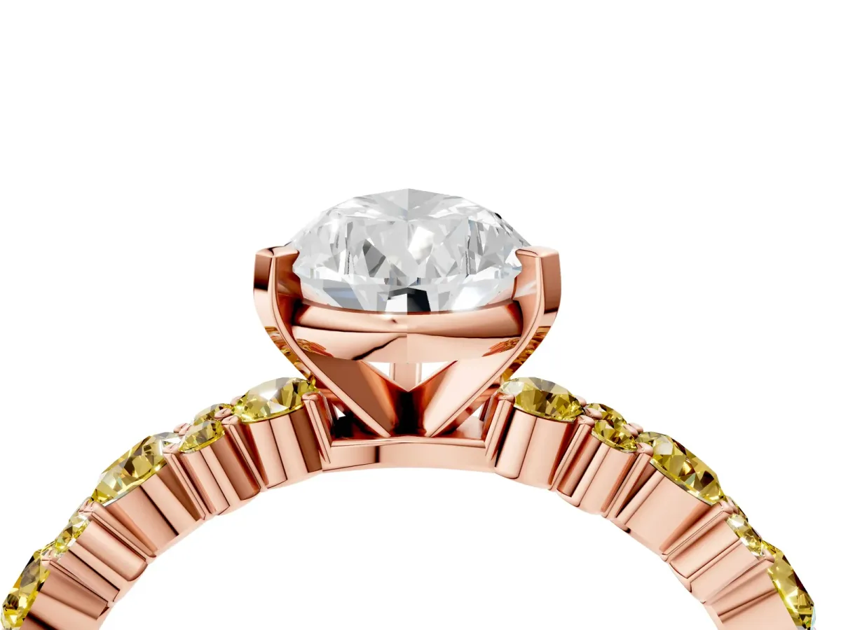 Pear Cut Diamond Side Stone Solitaire Ring with Round Yellow Sapphire and Four-Prong Setting Rose gold
