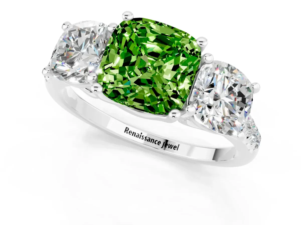 Three-Stone Cushion Cut Peridot Ring with Round Pavé Band and Prong Setting Platinum