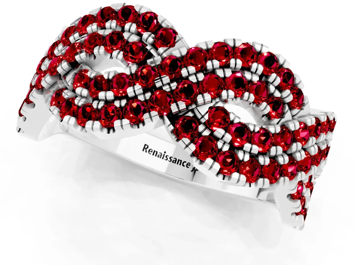 Pavé Round Ruby Infinity Twist Band with Shared Prong Setting Silver