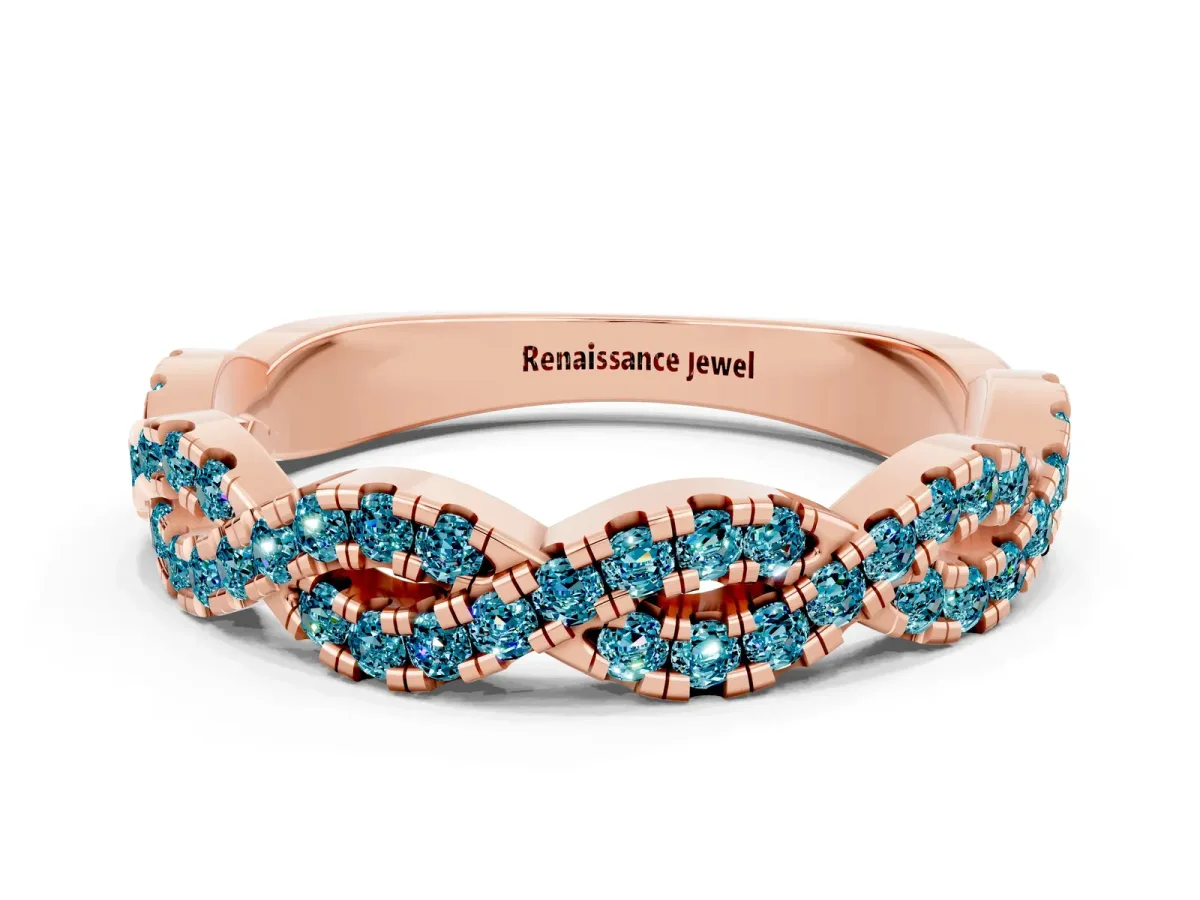 Round Blue Topaz Twisted Eternity Band with Pavé and Shared Prong Setting Rose gold