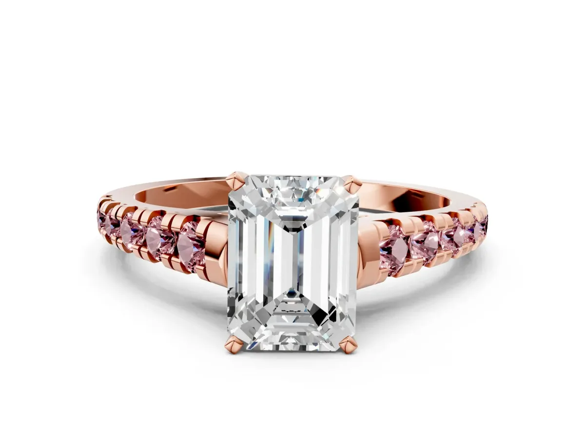 Emerald Cut Diamond Cathedral Solitaire Ring with Round Morganite Pavé Band Rose gold