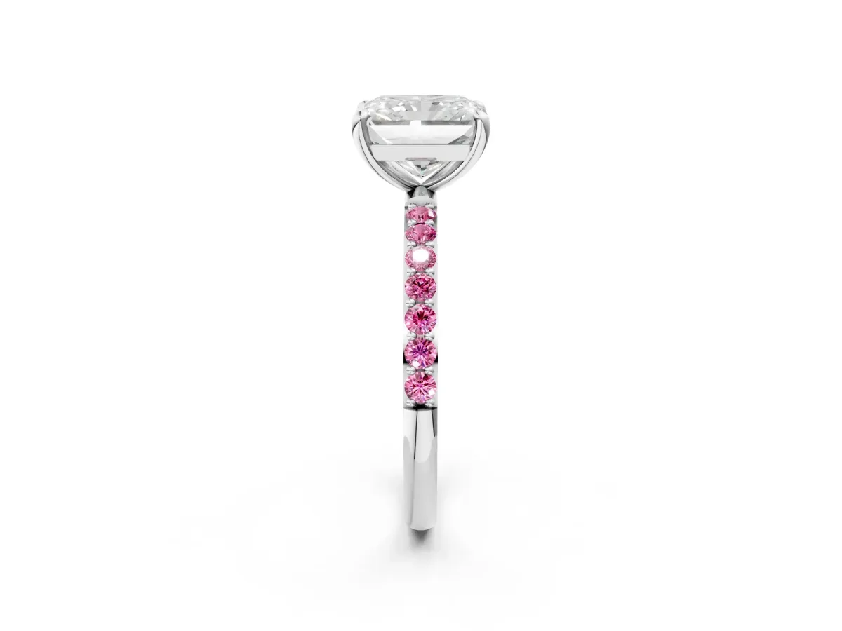 Radiant Cut Diamond Solitaire Ring with Round Pink Sapphire Pavé Band and Prong Setting Silver
