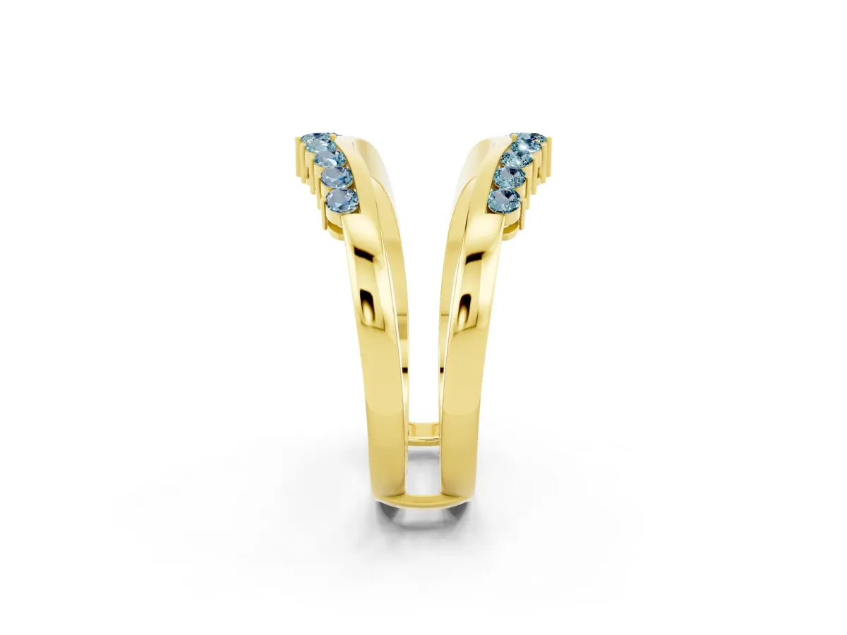 Round Aquamarine Chevron Contour Band with Prong Setting Yellow gold