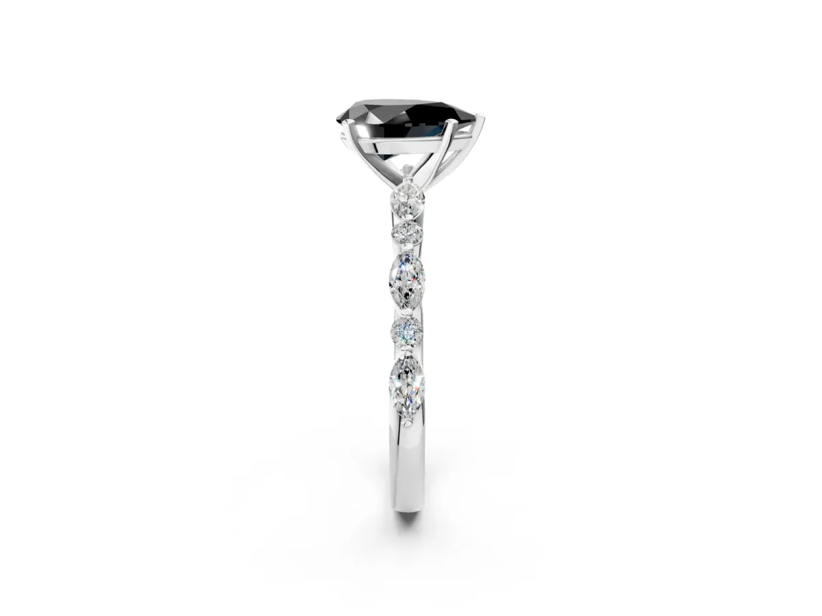 Fancy Black Pear Cut Diamond Ring with Marquise and Round Side Stones and Four-Prong Setting Platinum