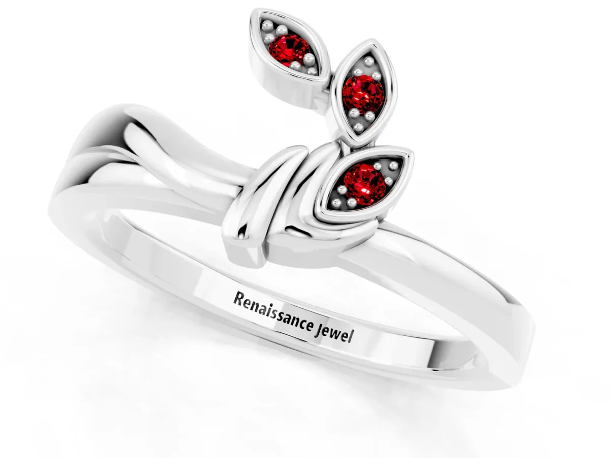 Three-Stone Round Ruby Leaf Bypass Ring with Bezel Setting Platinum
