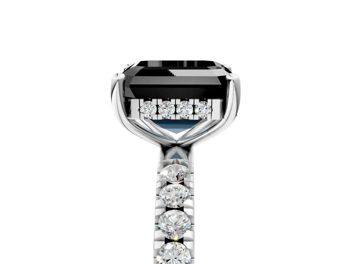 Fancy Black Asscher Cut Diamond Pave Band Solitaire Ring with Round and Prong Setting White gold