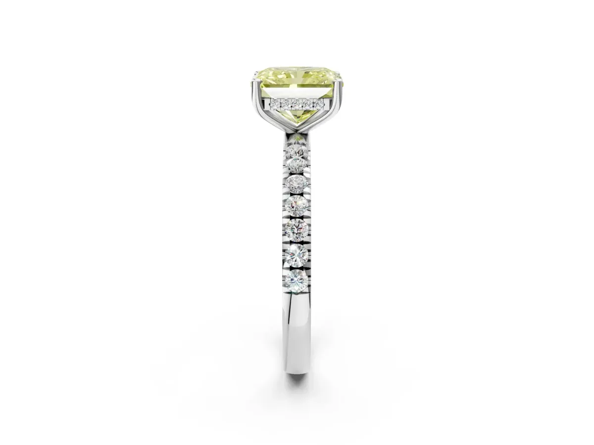 Fancy Yellow Radiant Cut Diamond Pave Band Solitaire Ring with Round and Prong Setting Silver